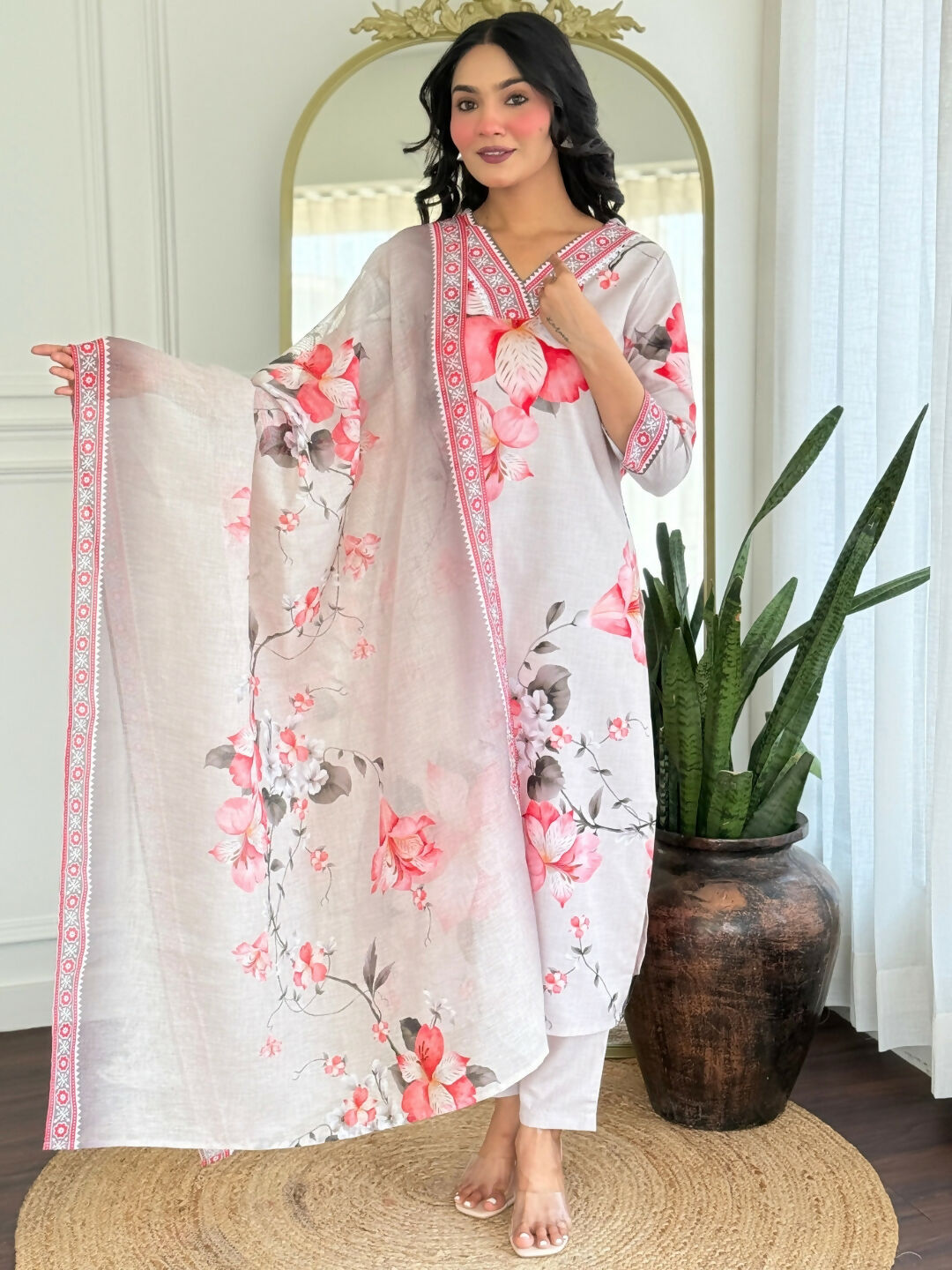 The52 Women's Beautiful Rayon Fabric Printed Work Straight Kurta Pant and Dupatta Set | Grocsy
