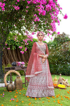 Pink Net Embroidered Semi Stitched Lehenga Choli with Dupatta - Bhagya | Grocsy