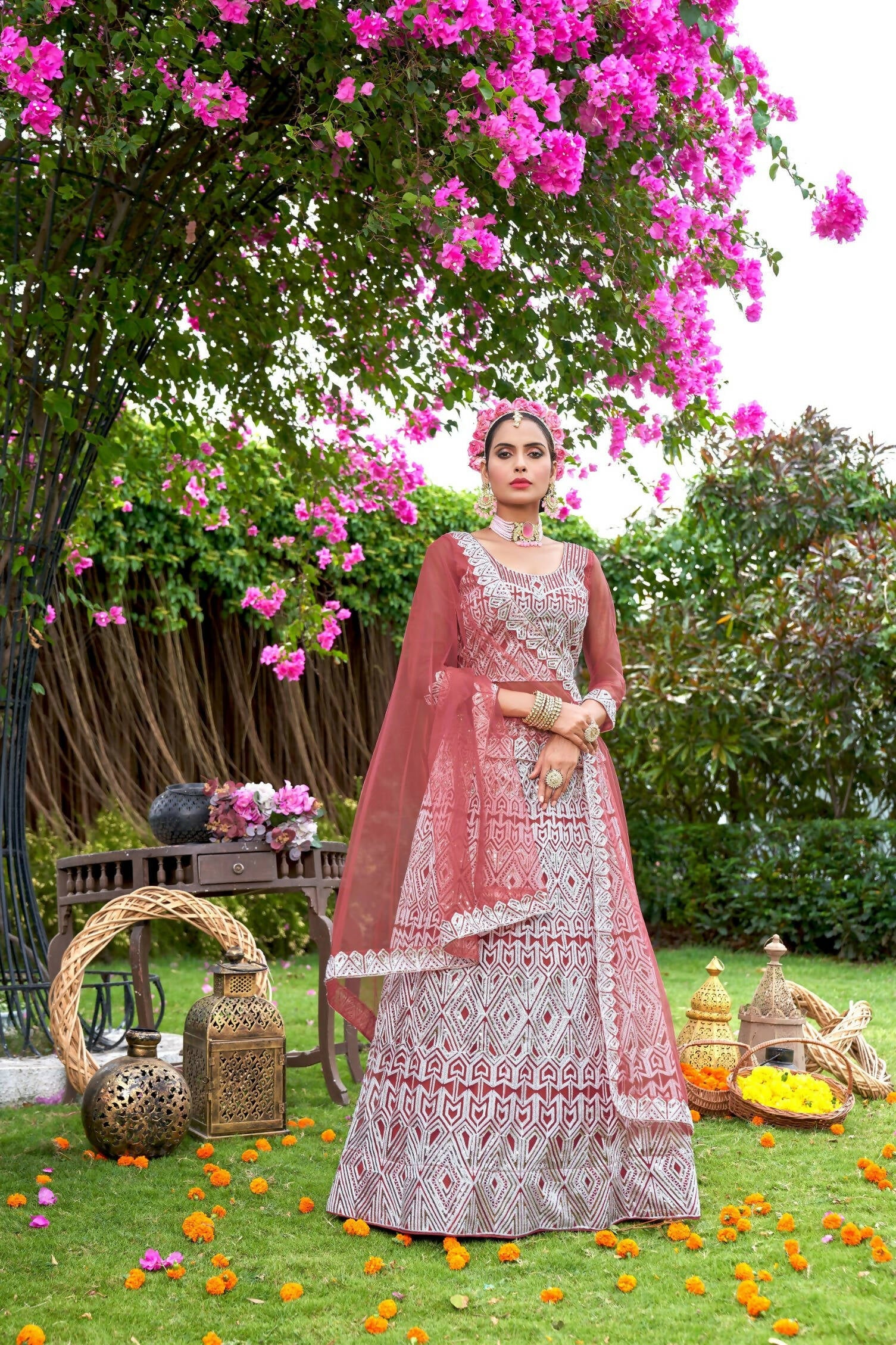 Pink Net Embroidered Semi Stitched Lehenga Choli with Dupatta - Bhagya | Grocsy
