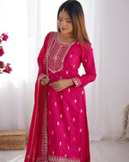 Teeya Creation Pink Color Pure Chinnon Silk Embroidery Work Functional Wear Salwar Suit | Grocsy