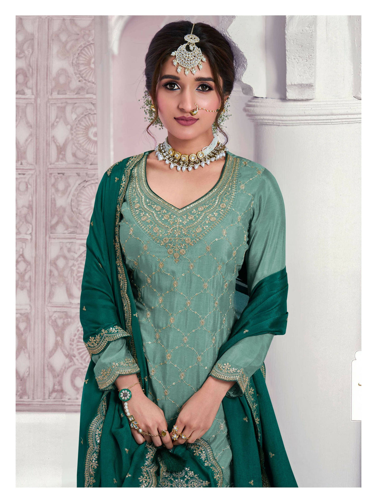 Vastranavya Exquisite Turquoise Heavy Chinon with Embroidered & Sequins Work Salwar Suits | Grocsy