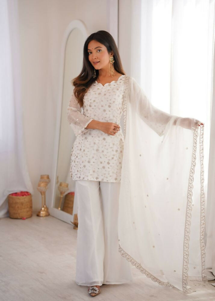 Teeya Creation White Embroidered Short Kurti Sharara Suit Set With Dupatta | Grocsy