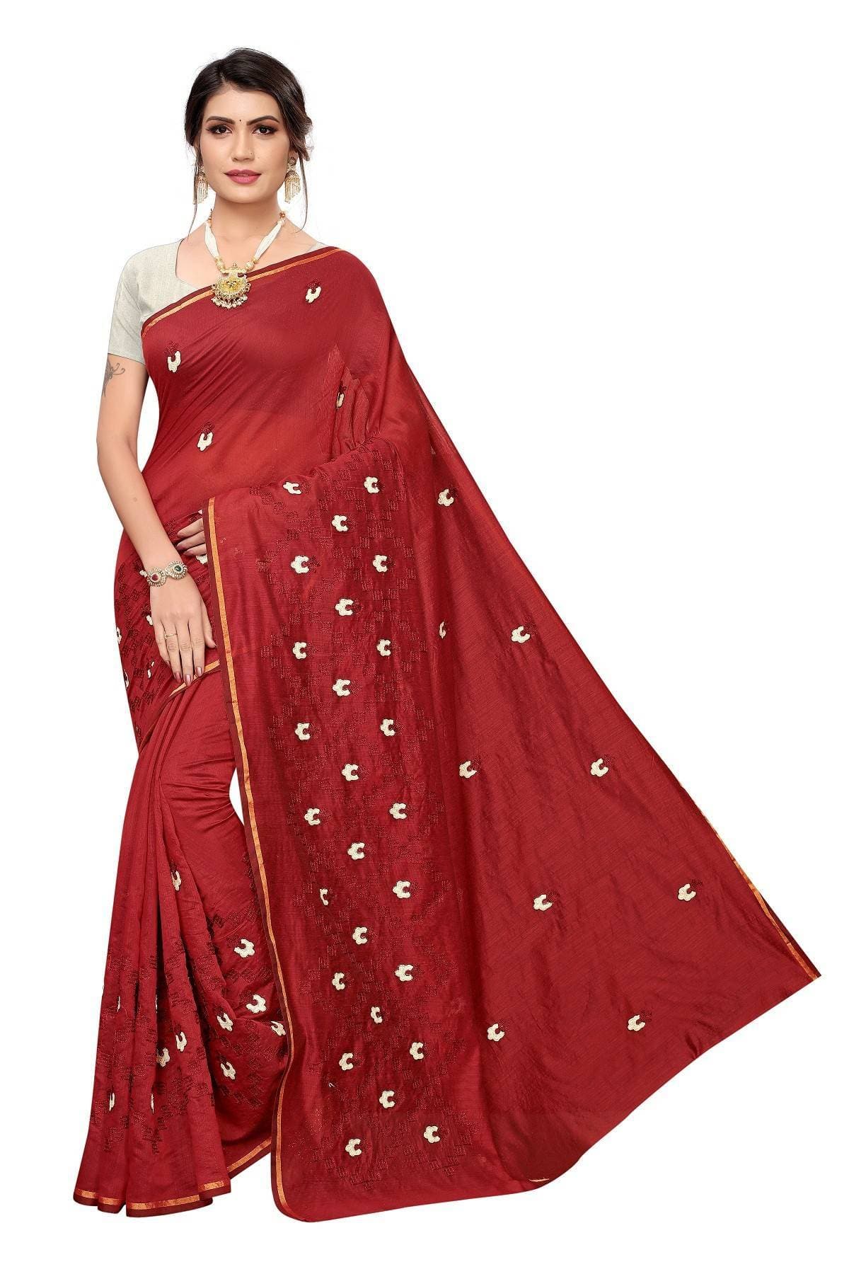 Vamika Red Chanderi Cotton Chikankari Saree | Grocsy