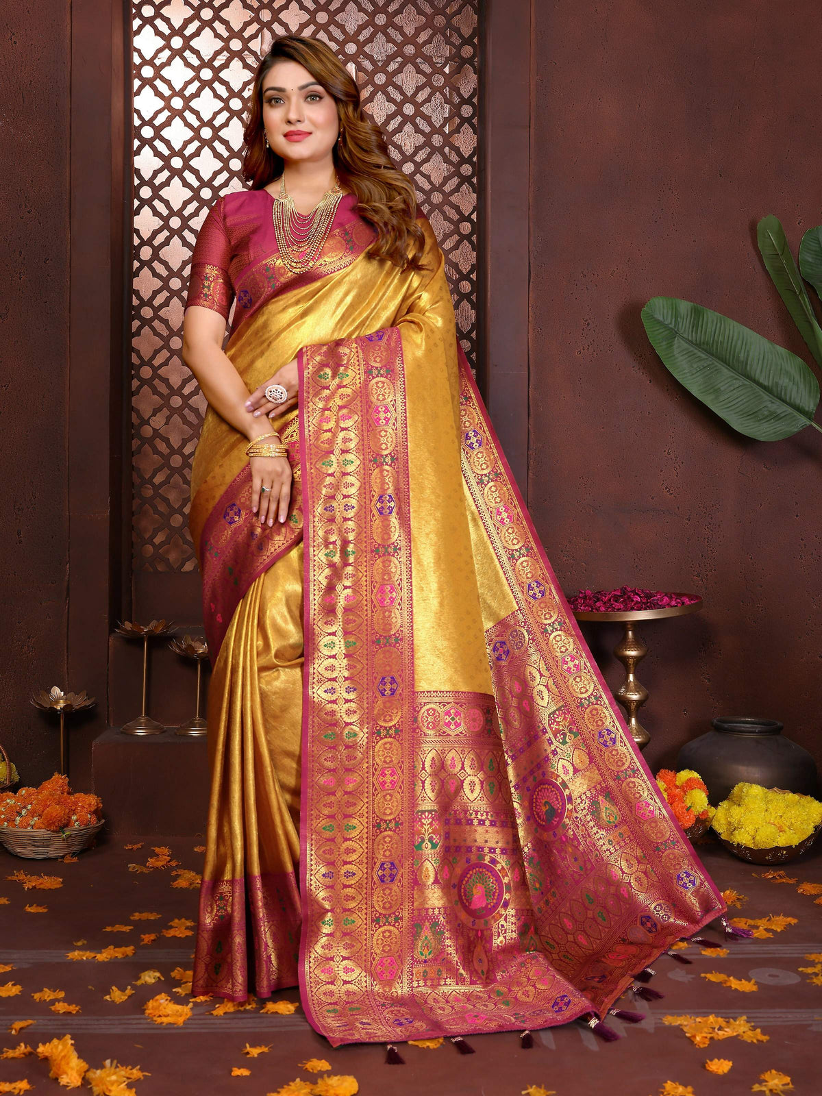 Aastha Fashion Gold Tissue Silk Weaving Saree | Grocsy