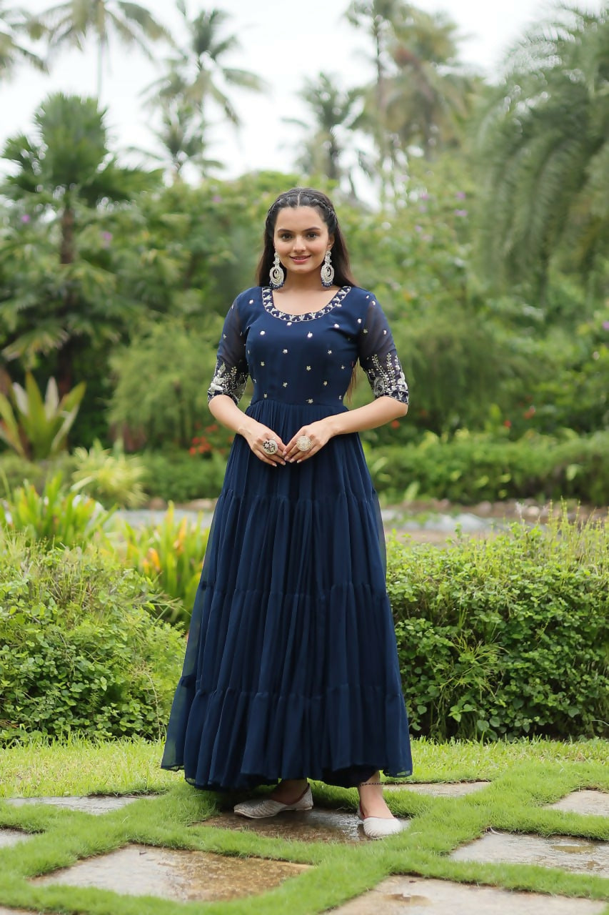 Vastranavya Premium Designer Faux Blooming with Embroidery Zari Sequins work Gown - Navy Blue | Grocsy