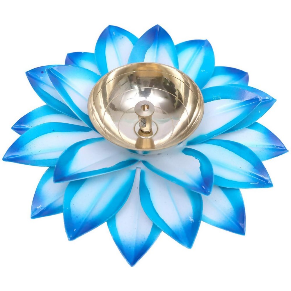 CraftVatika Brass Diya Oil Lamp Stand Lotus Kamal Patti Diyas - Sky Blue | Grocsy
