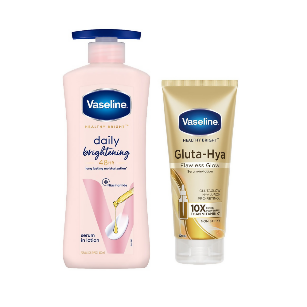 Vaseline Healthy Bright Daily Brightening Body Lotion & Gluta-Hya Flawless Glow Serum-In-Lotion Combo | Grocsy