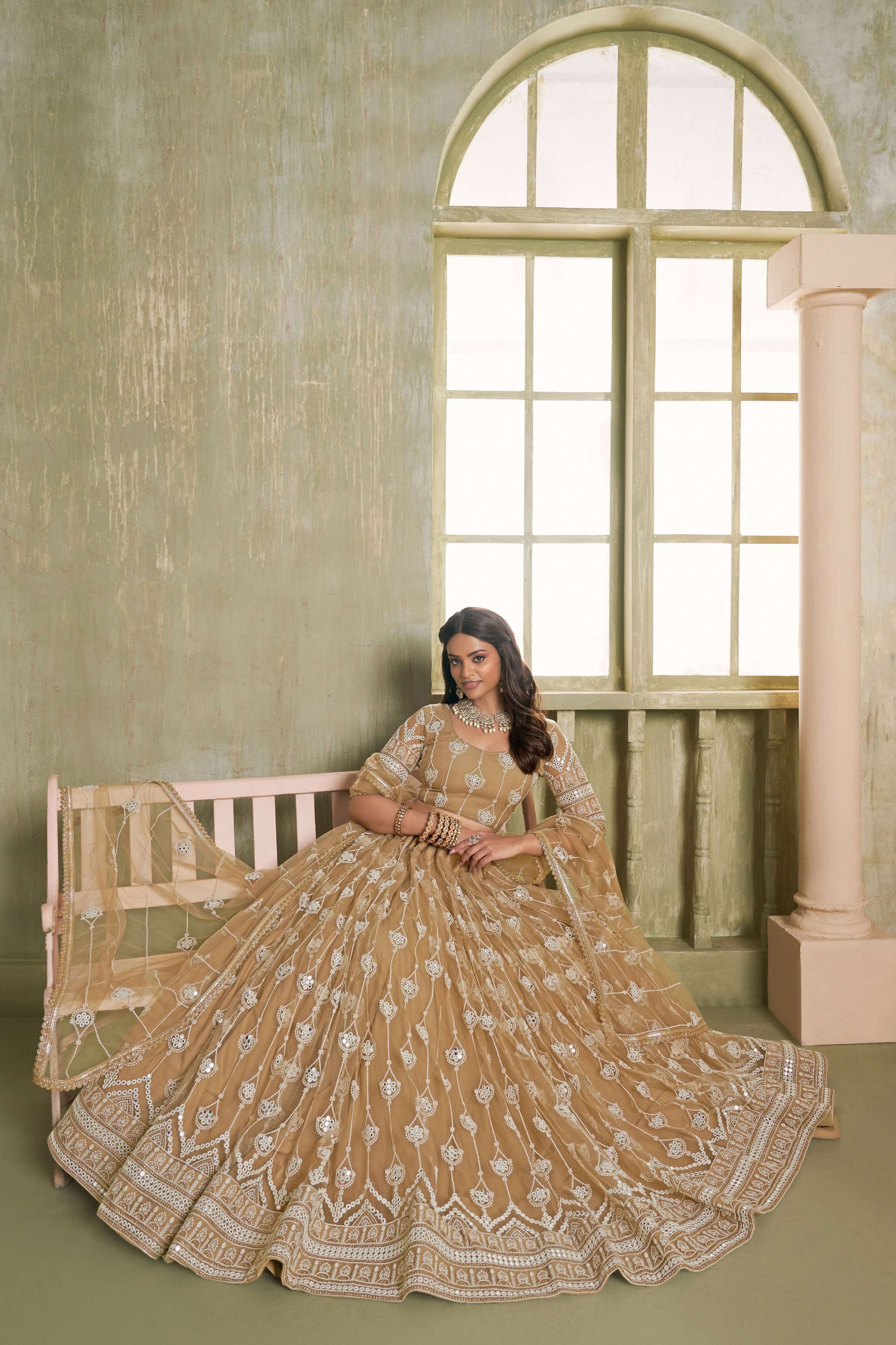 Eilara Classical Khaki Net A - Line Lehenga Choli | Grocsy