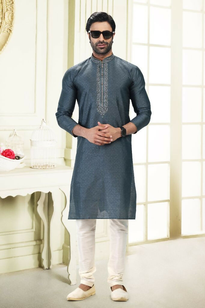 Raivat Ethnic Jacquard Banarasi Silk Thread Work Kurta Pajama In Grey Colour | Grocsy