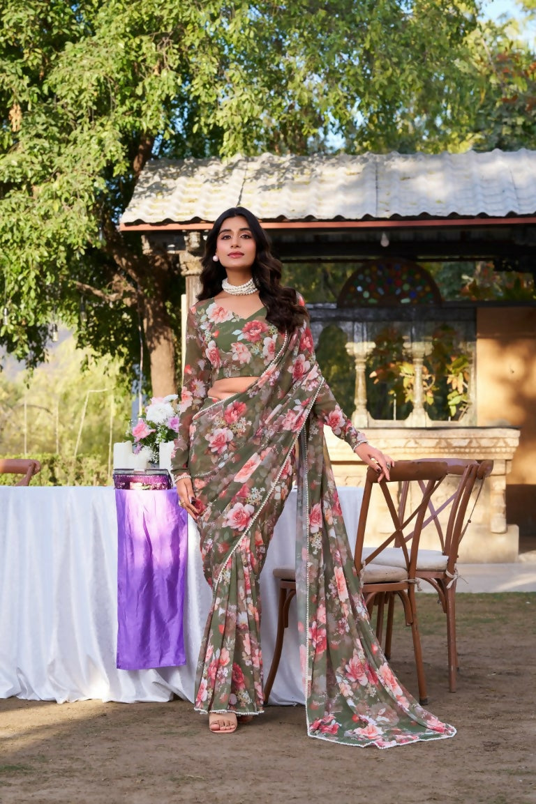 Vastranavya Mehendi Weightless Marble Printed & Pearl Lace Border Saree with Unstitched Blouse | Grocsy