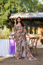 Vastranavya Mehendi Weightless Marble Printed & Pearl Lace Border Saree with Unstitched Blouse | Grocsy