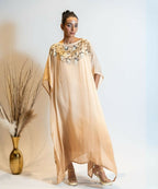 Timaraa Champagne Beige Ombre Embellished Georgette Kaftan Dress | Grocsy