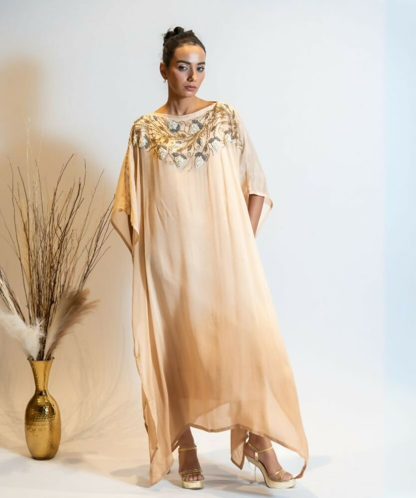 Timaraa Champagne Beige Ombre Embellished Georgette Kaftan Dress | Grocsy