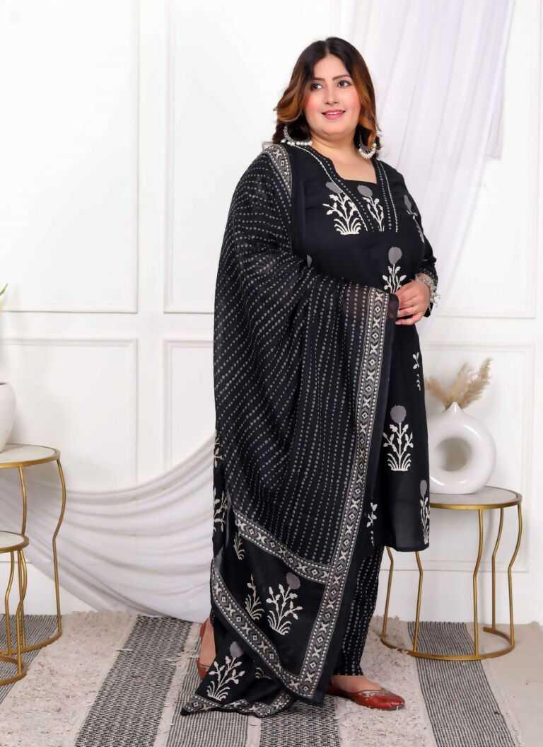 Miravan Women's Plus Size Cotton Gota Patti Black Floral Printed Straight Kurta Palazzo With Dupatta Set | Grocsy