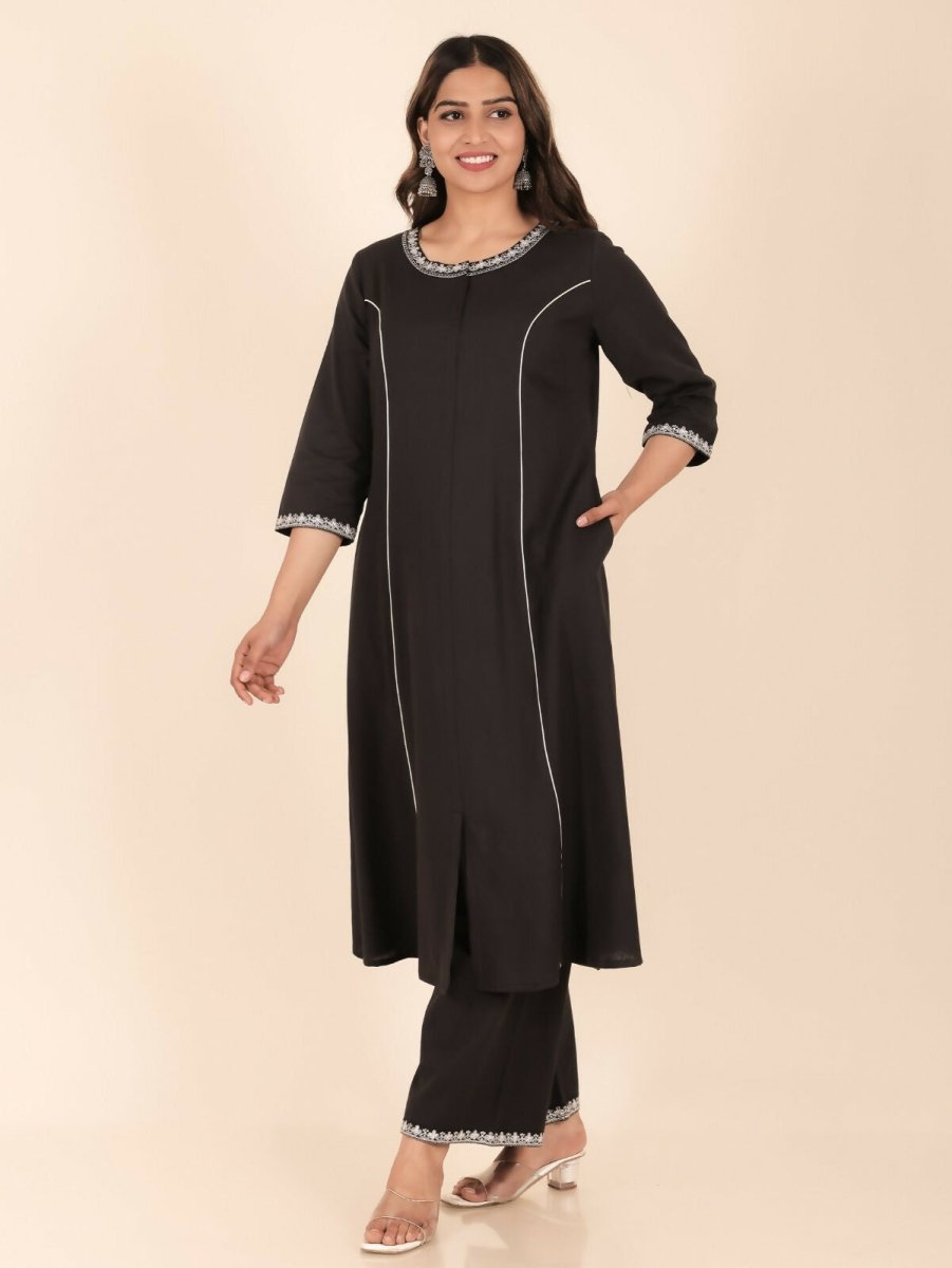 Aramya A-line Linen Cotton Solid Women's Kurta - Black | Grocsy