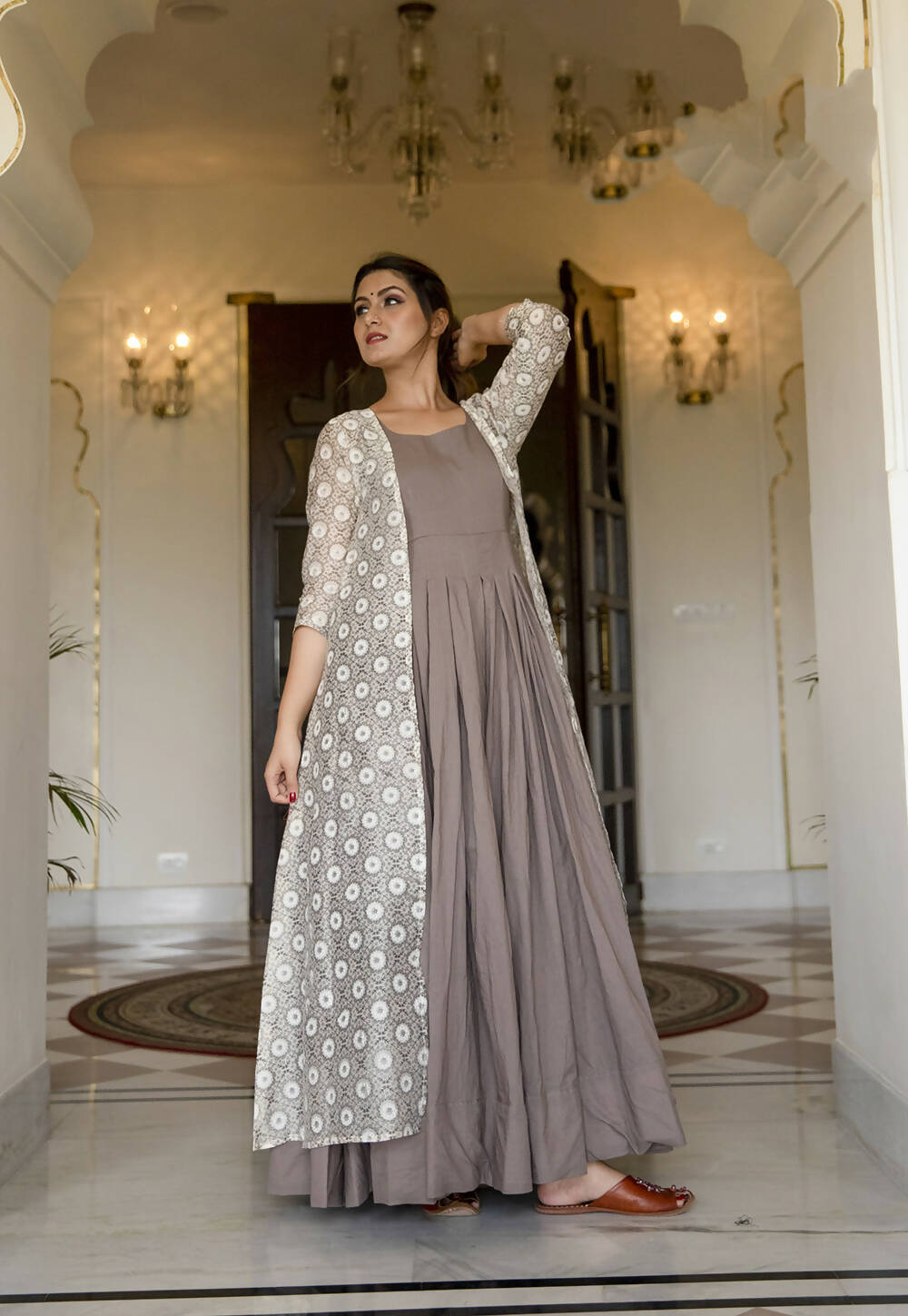 Partywear Designer Digital print Grey Maslin Gown - Anbazaar | Grocsy