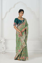 Kesar Fab Grace In Green: Multi-Thread Embroidered With Floral Elegance Saree | Grocsy