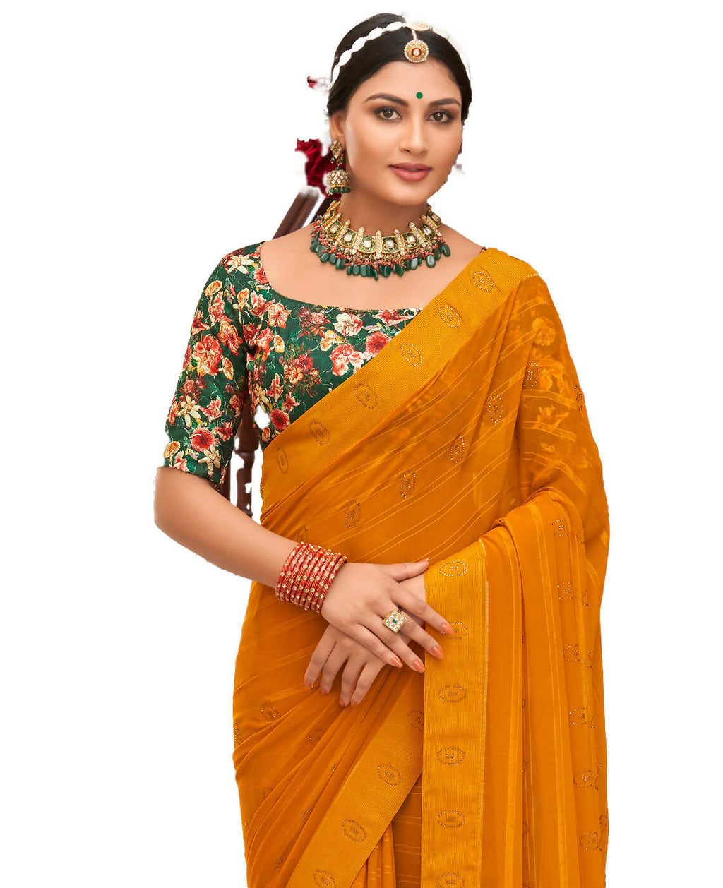 Mustard Georgette Swaroski Work Saree With Unstitched Blouse Piece - Juhi | Grocsy