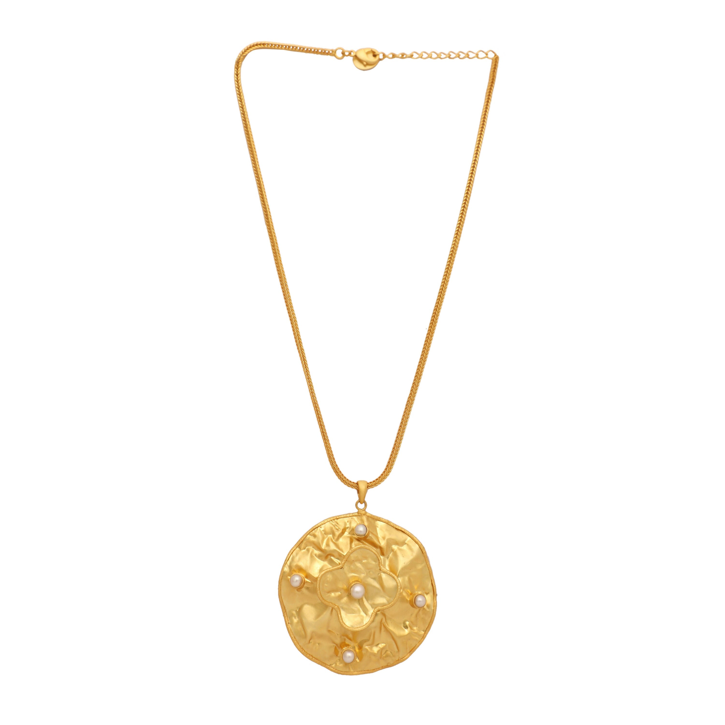 Nuyug 18K Gold-Plated Pearl Embellished Minimal Chain Textured Surface Floral Pendant Necklace | Grocsy
