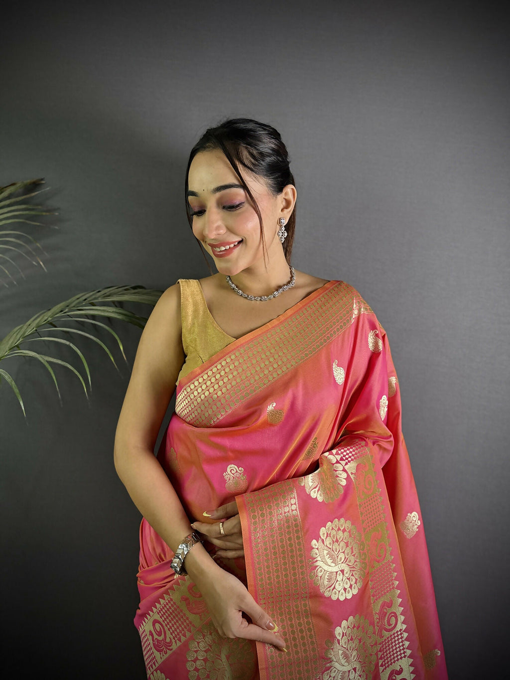 Joban Fashion Light Pink Banarasi Soft Lichi Silk Paisley Saree | Grocsy