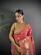 Joban Fashion Light Pink Banarasi Soft Lichi Silk Paisley Saree | Grocsy
