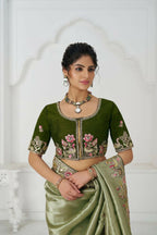 Kesar Fab Mehendi Color With Multi-Thread And Sequins Embroidery For Wedding Saree | Grocsy
