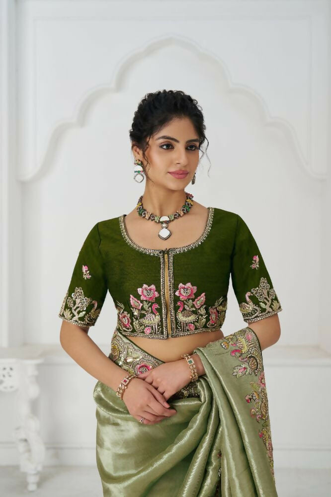 Kesar Fab Mehendi Color With Multi-Thread And Sequins Embroidery For Wedding Saree | Grocsy