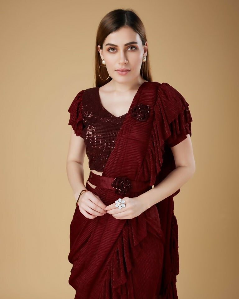 Maroon Imported Crush Solid Ready to Wear Saree with stitched Blouse - Aayan | Grocsy