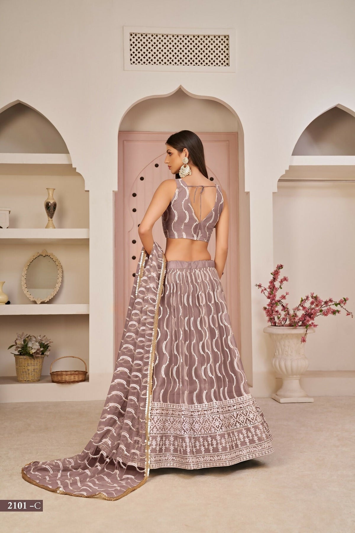 Eilara Mesmerizing Onion Pink Butterfly Net White Cotton Thread Zari Sandwich Sequence Work Lehenga Choli For Wedding | Grocsy