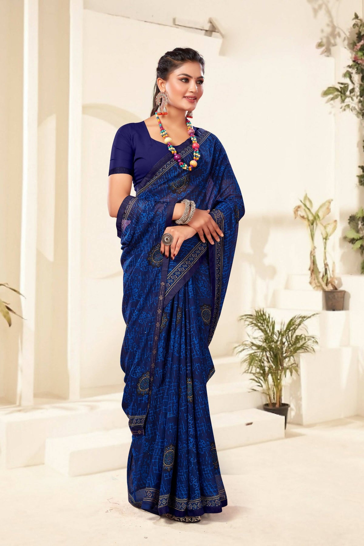 Navy Blue Georgette Texture Printed Saree with Unstitched Blouse Piece - Akansha | Grocsy