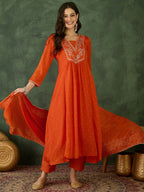 The52 Orange Women's Gorgeous Embroidered Chinon Fabric Flared Kurta Pant and Dupatta Set | Grocsy