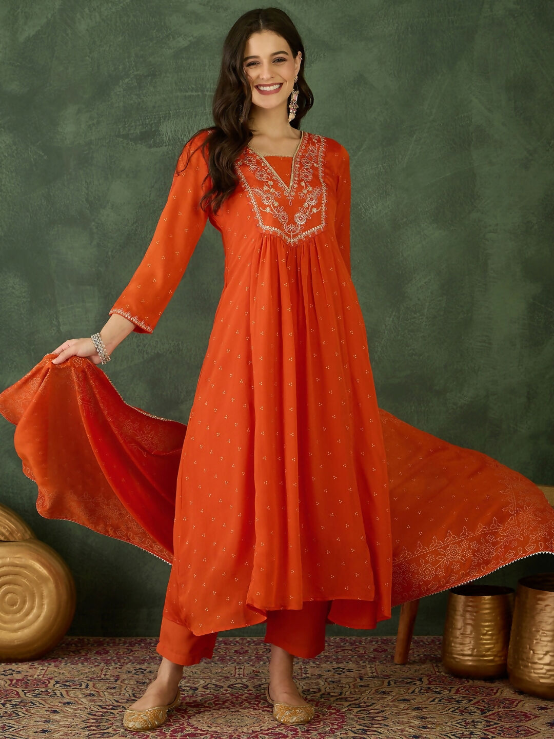 The52 Orange Women's Gorgeous Embroidered Chinon Fabric Flared Kurta Pant and Dupatta Set | Grocsy