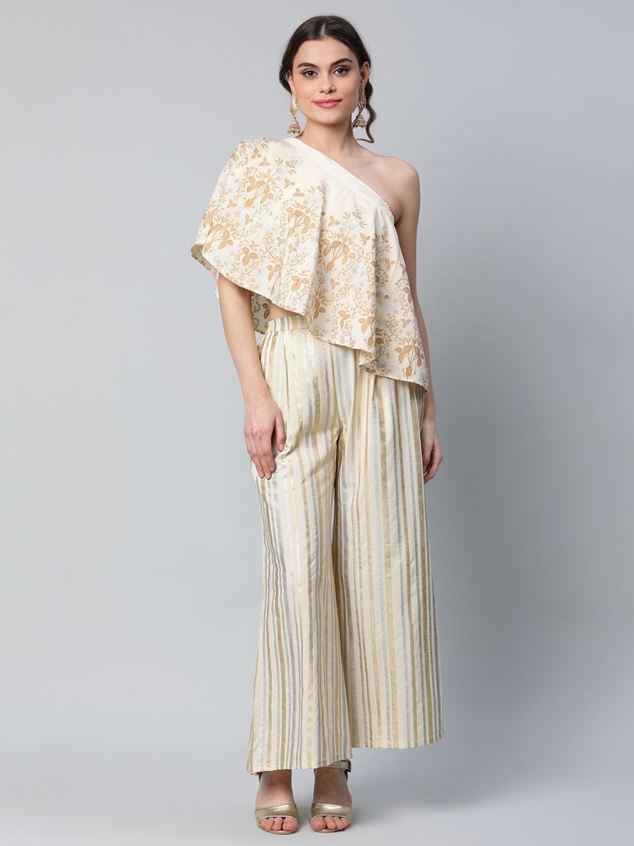 Ahalyaa Women Off White Crepe Floral Printed Top with Palazzos | Grocsy