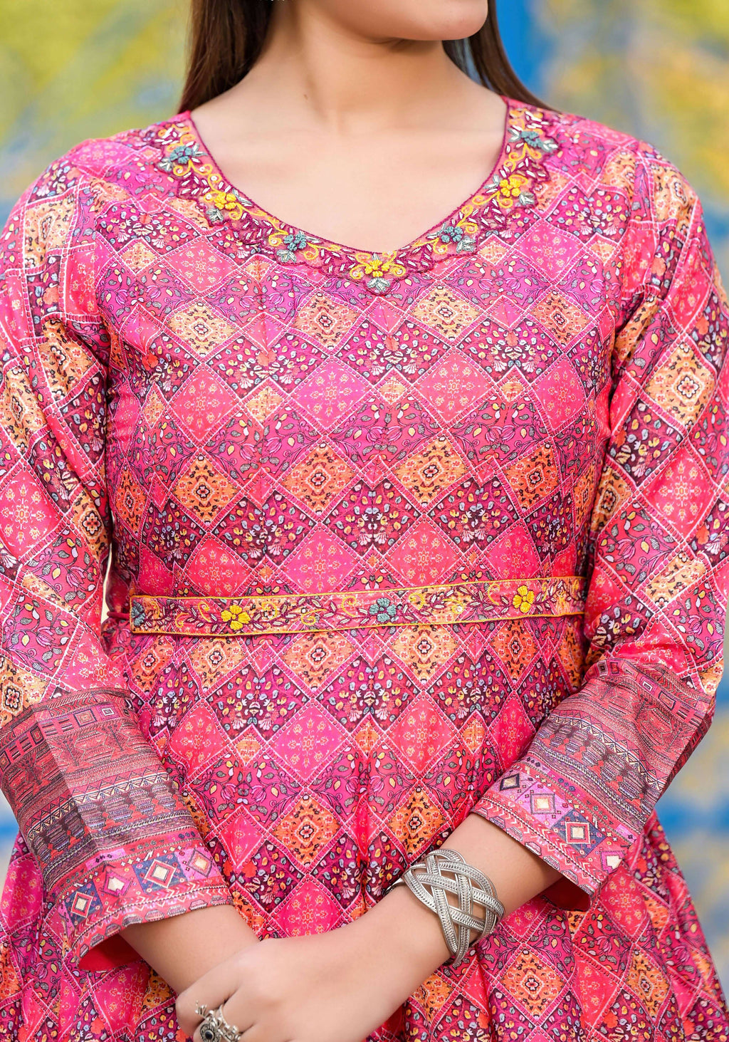 Functional Designer Dark Pink Dola Silk Anarkali suit with Dupatta - Ramya | Grocsy