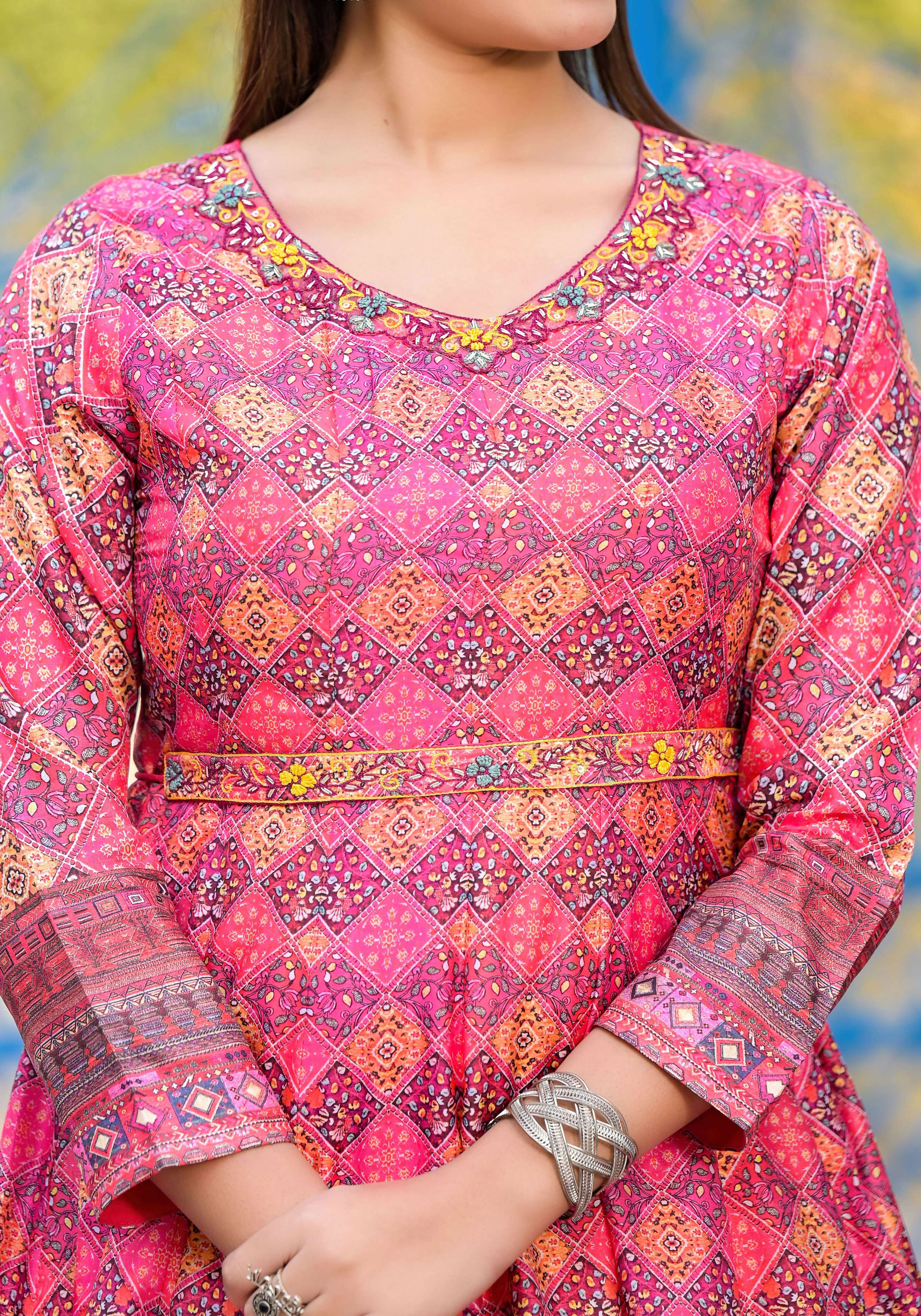 Functional Designer Dark Pink Dola Silk Anarkali suit with Dupatta - Ramya | Grocsy