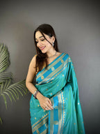 Joban Fashion Sea Green Banarasi Soft Silk Woven Saree | Grocsy