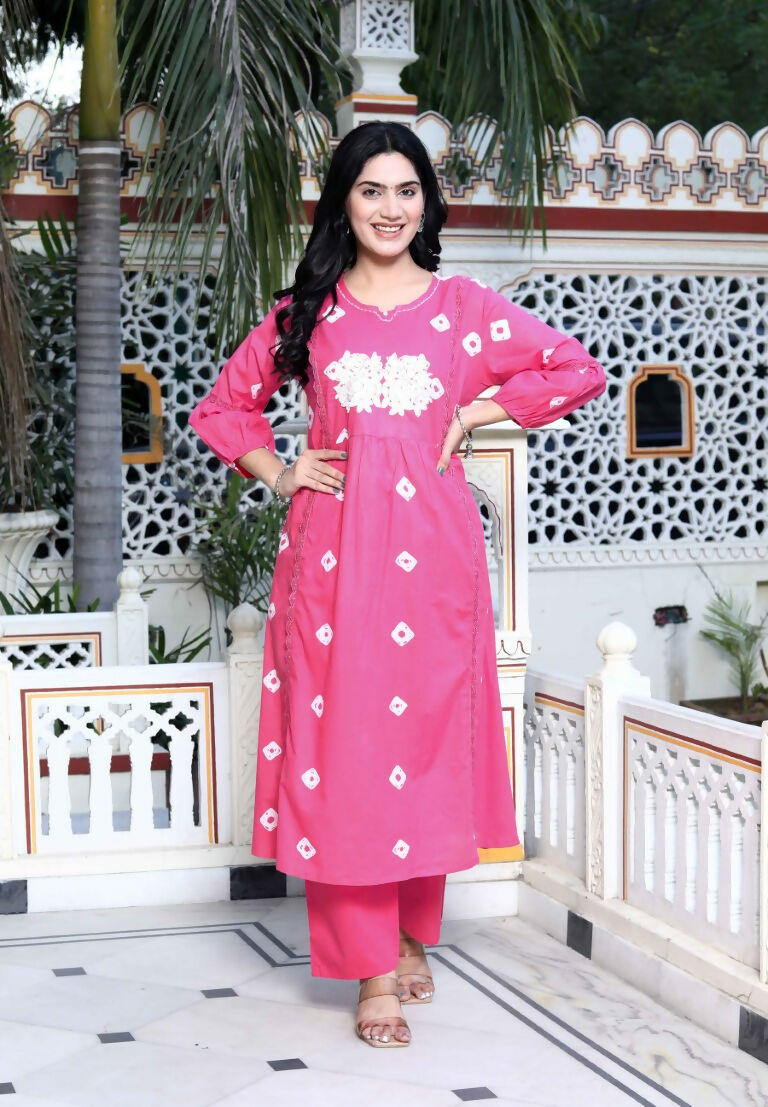 Miravan Women's Jaipuri Moti And Chikan Embroidered & Lace Embellished Pink Bandhani Printed Palazzo Set | Grocsy