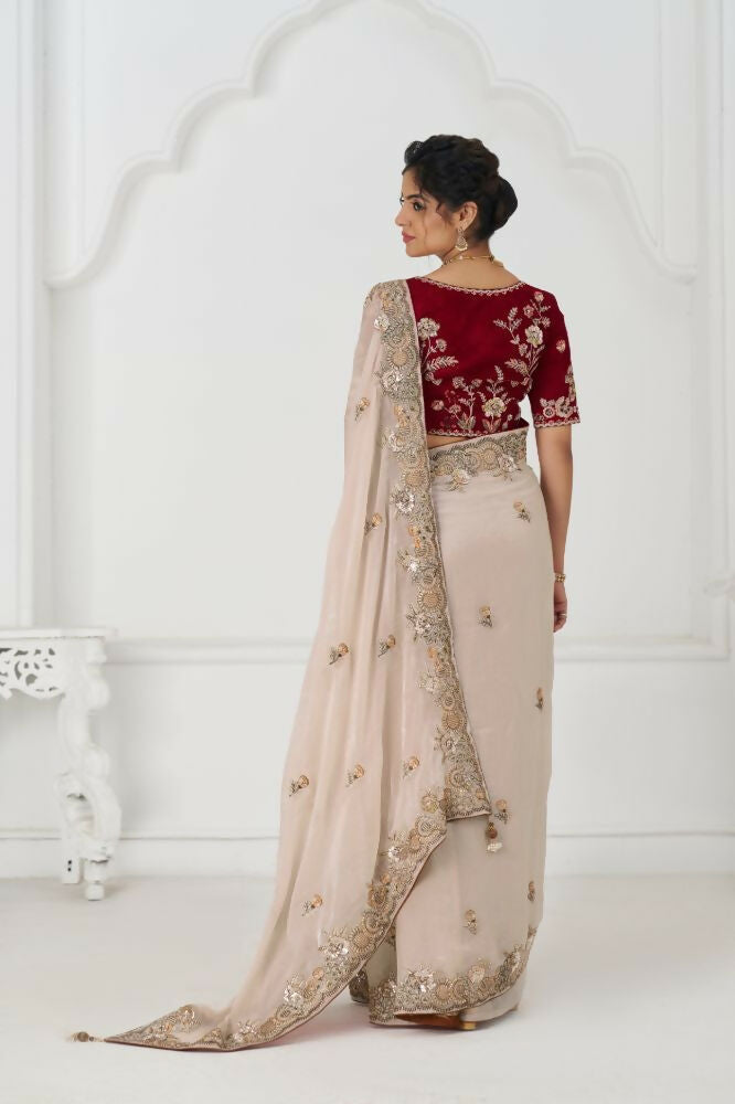 Kesar Fab Chiku Color Stunning Fendi Silk With Zari & Sequins Elegance Saree | Grocsy