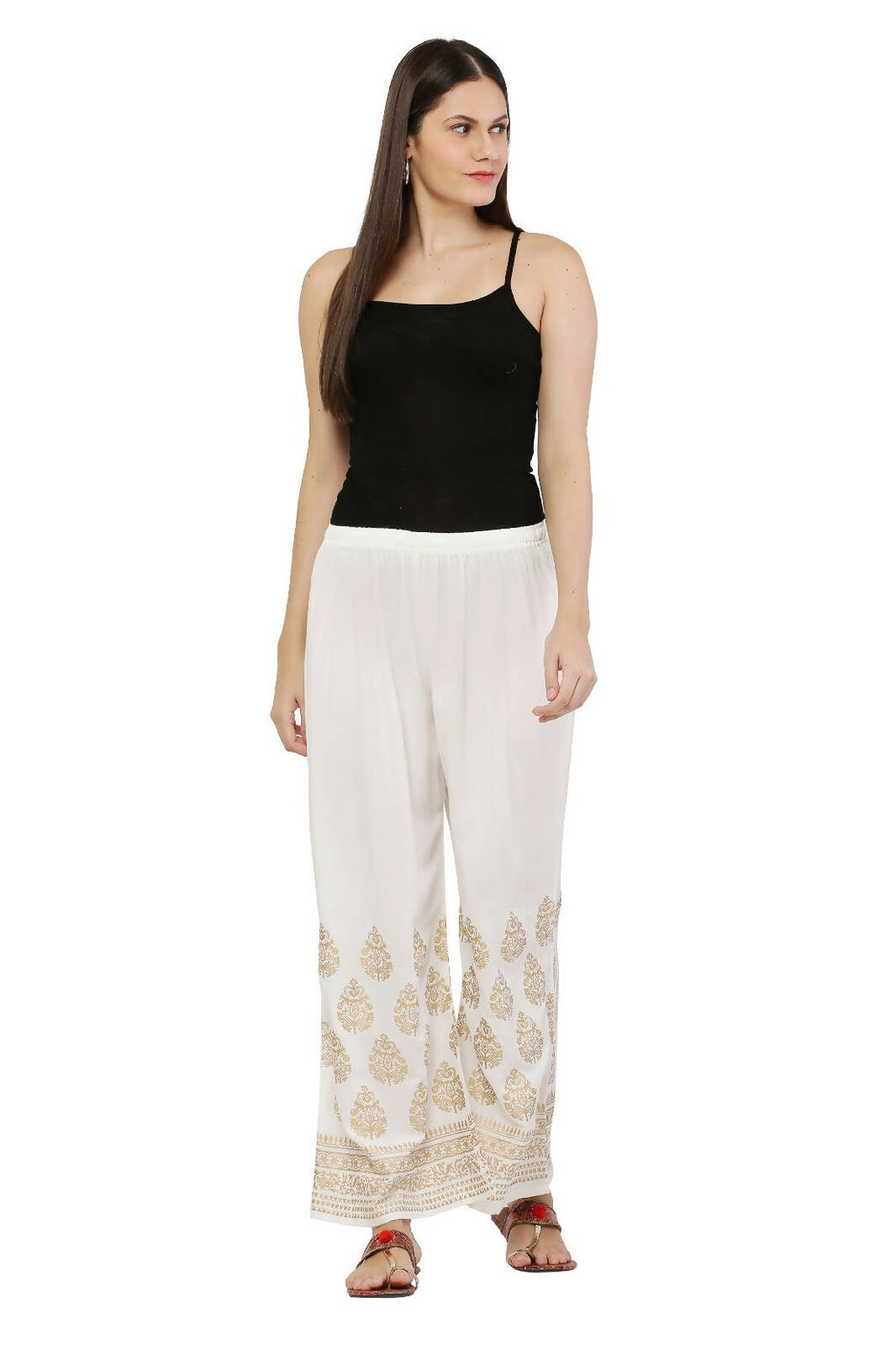 PAVONINE White Color Golden Printed Rayon Fabric Sharara For Women | Grocsy