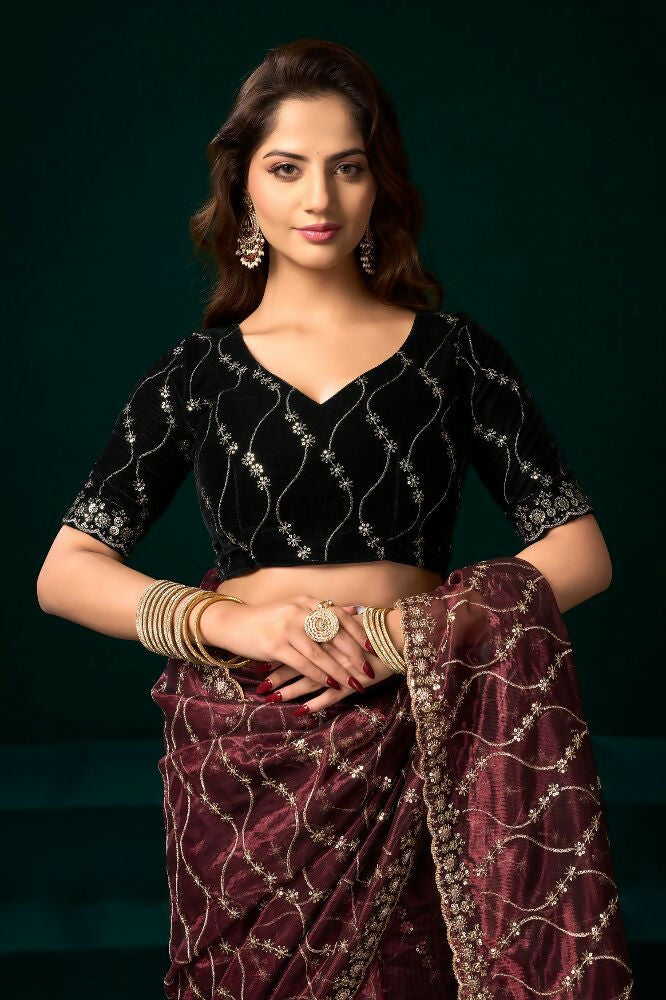Joban Fashion Maroon Net Party Wear Sarees | Grocsy