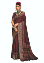 Joban Fashion Maroon Art Silk With Fine Viscose Border Ajrak Full Body Print With Soft Finish Saree | Grocsy