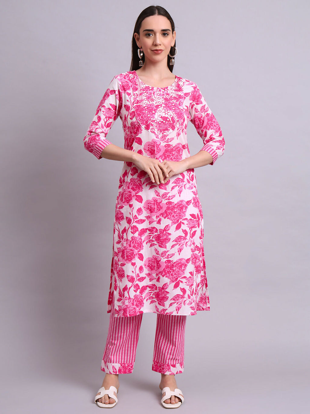 Joban Fashion Pink Cotton Floral Printed & Embroidery Work Kurta With Trousers & Dupatta Set | Grocsy