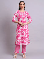 Joban Fashion Pink Cotton Floral Printed & Embroidery Work Kurta With Trousers & Dupatta Set | Grocsy