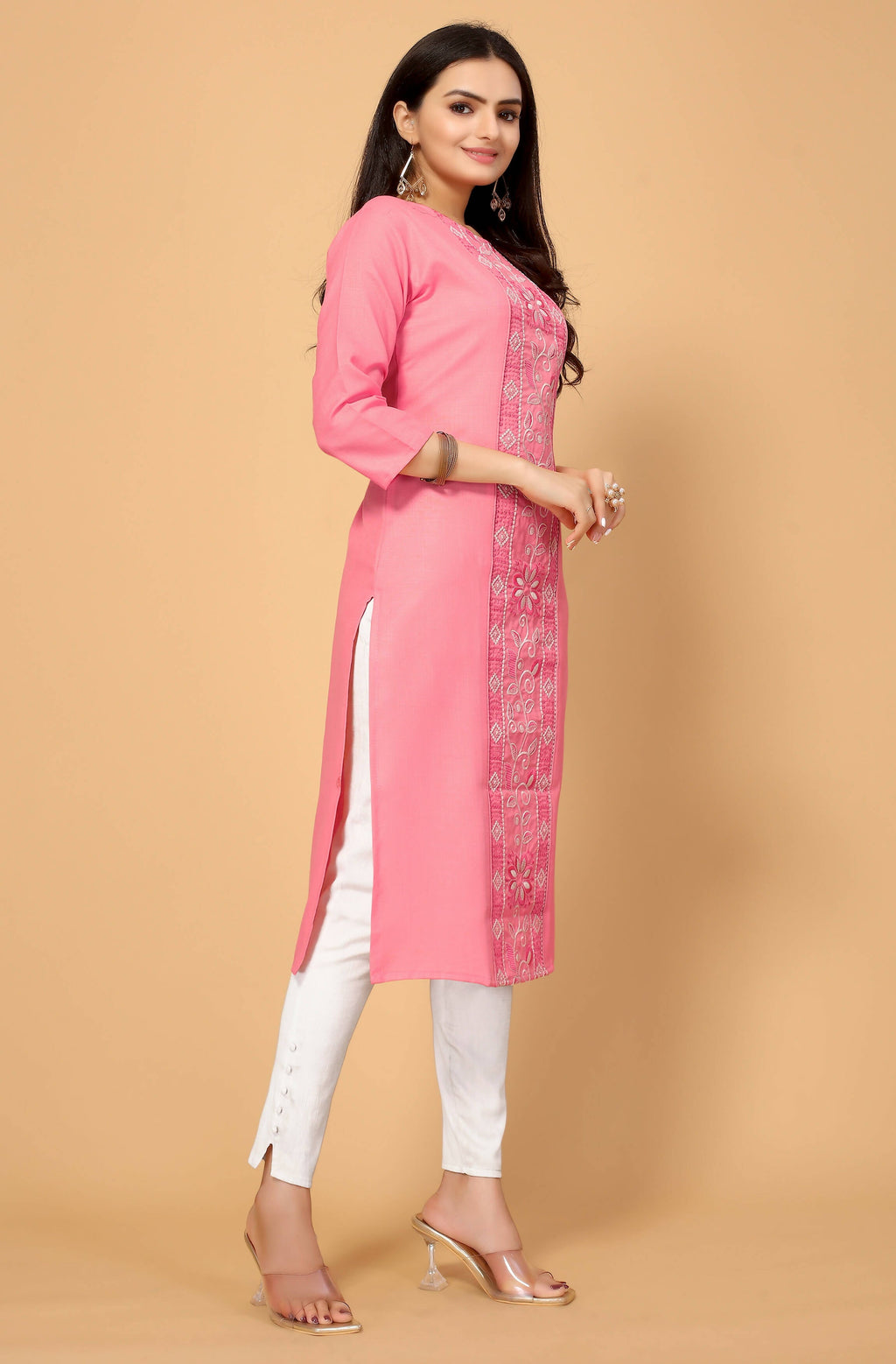 Light Pink Cottan Slub Embroidery Kurti - Umi | Grocsy