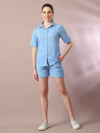 Myshka Women's Blue Solid Shirt Collar Party Shirt With Shorts Co-ord set | Grocsy