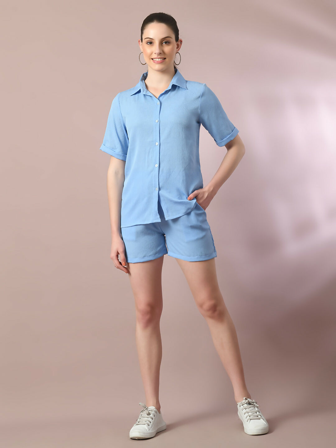 Myshka Women's Blue Solid Shirt Collar Party Shirt With Shorts Co-ord set | Grocsy