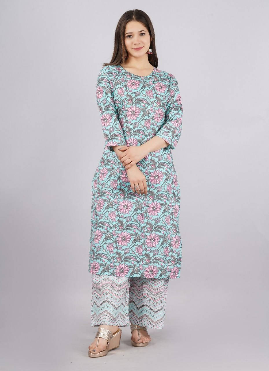 Vamika Printed Cotton Sky Blue Party Wear/Casual Wear Kurta Set/Suit | Grocsy