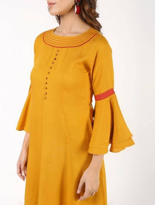 Aniyah Latest Rayon Bell Sleeves Solid Anarkali Kurta In Mustard (AN-152K) | Grocsy