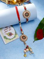 NVR Women & Men Set of 2 Gold-Toned Stone-Studded & Beaded Bhaiya Bhabi Rakhi With Roli Chawal & Chocolate | Grocsy