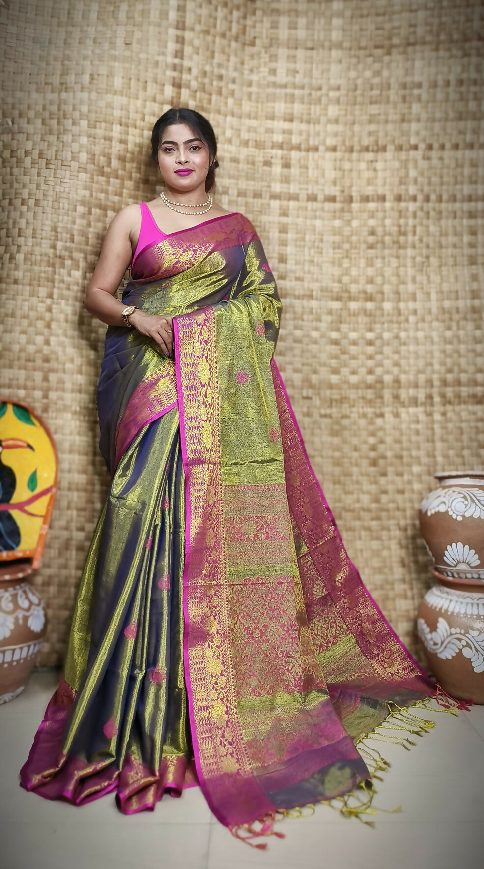 Exclusive Collection Golden Olive Beautiful Tissue Benarasi Saree | Grocsy